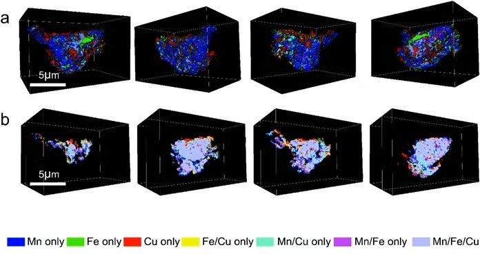 Three-dimensional elemental associations of pristine Na0.9Cu0.2Fe0.28Mn0.52O2